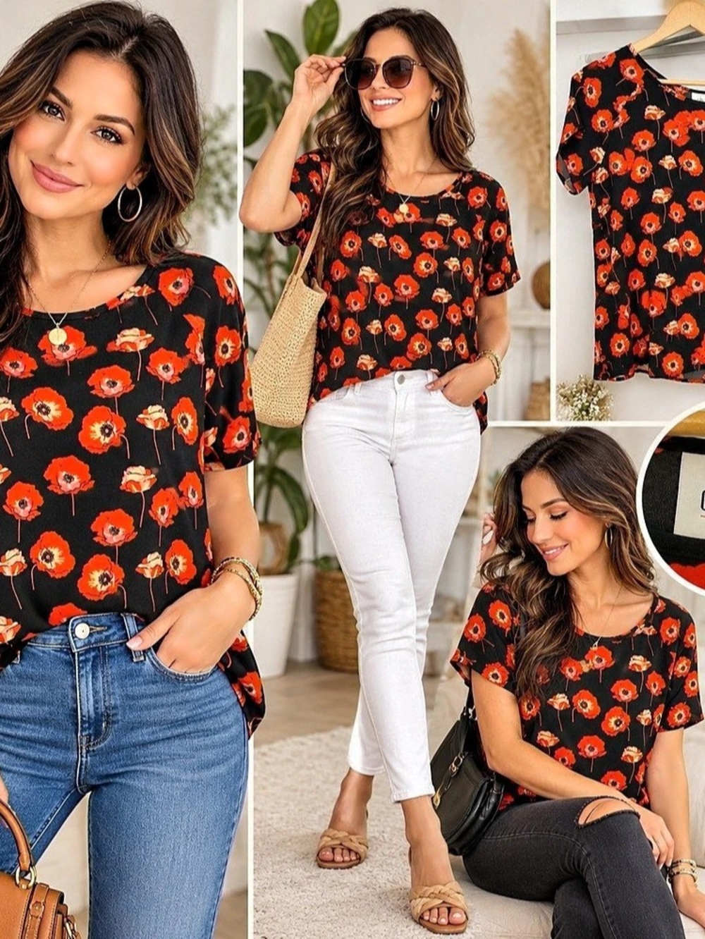 cabi Flanders Top Floral Short Sleeve in Black & Orange Medium